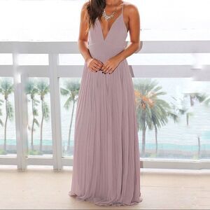 Soieblu Taupe Gray Pleated Pro Maxi Dress with Criss Cross Back Size Medium